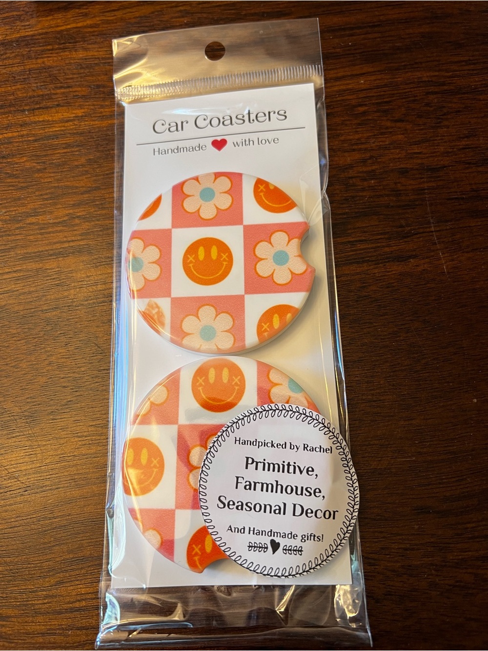 Smiley Flower Car Coasters - Pink & Orange Checker Set
